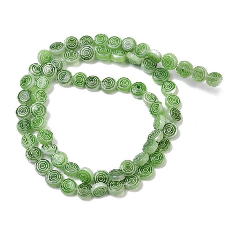 Lampworkpärla, 6x3 mm, grön, flat rondell, 1 sträng (13627)