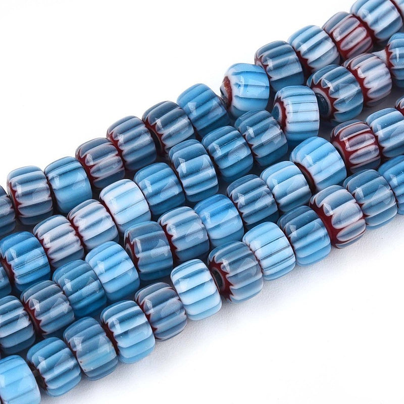 Millifiori glaspärlor, 6x4 mm, blå, 1 sträng (13796)