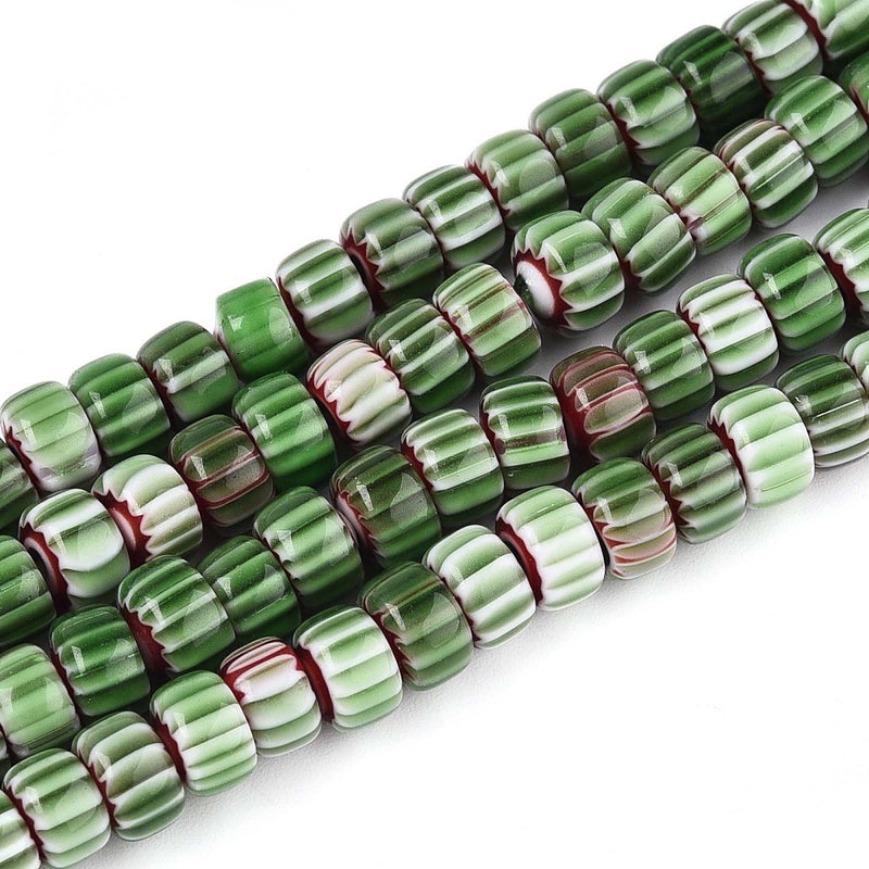 Millifiori glaspärlor, 6x4 mm, grön, 1 sträng (13797)