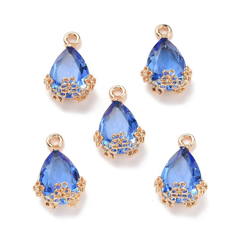 13935 Droppe med Rhinestone, guld, blå, 1 st