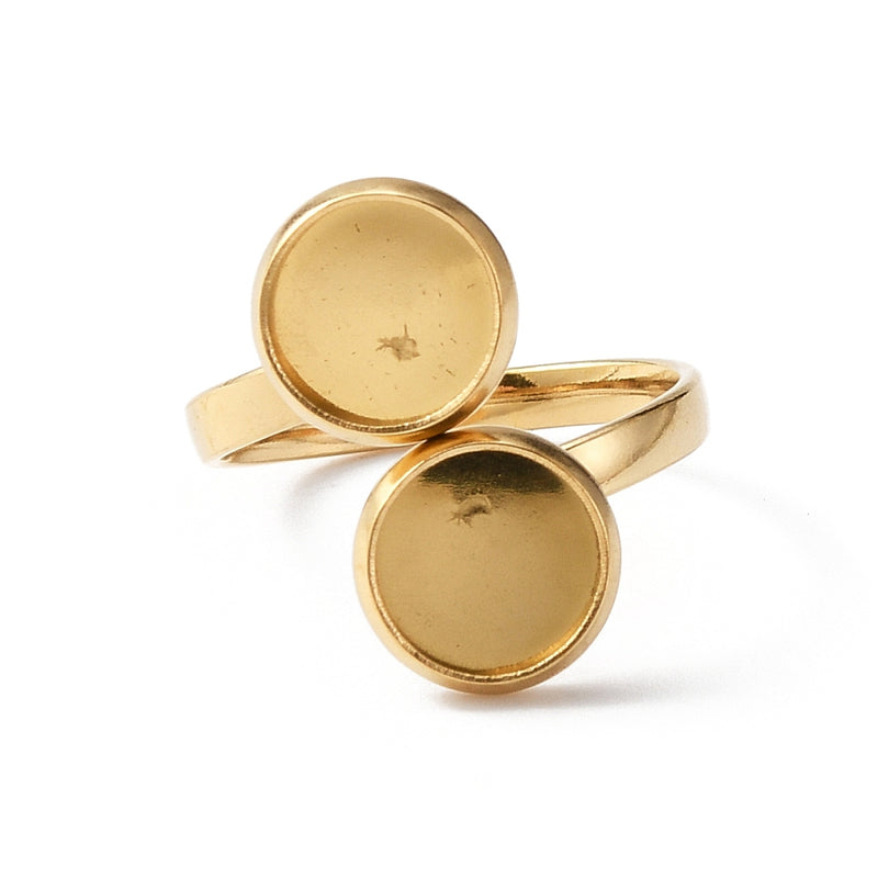 Ring justerbar, 304 rostfritt stål, guld, plats för 2 cabochoner, (13957)