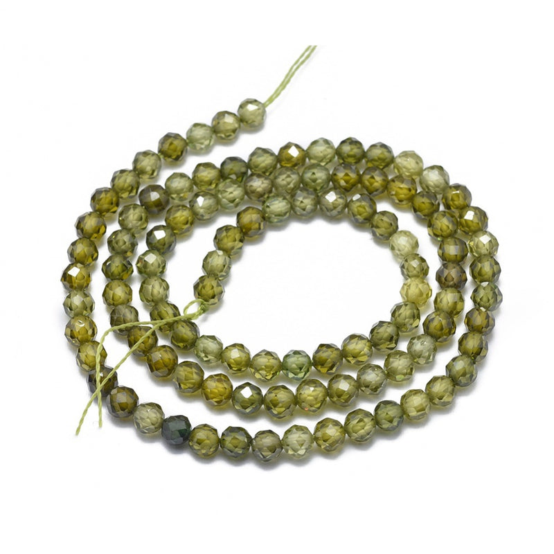 Cubic Zirconia pärlor facetterade, runda, olivfärgade,  4 mm, 1 sträng, (13973)