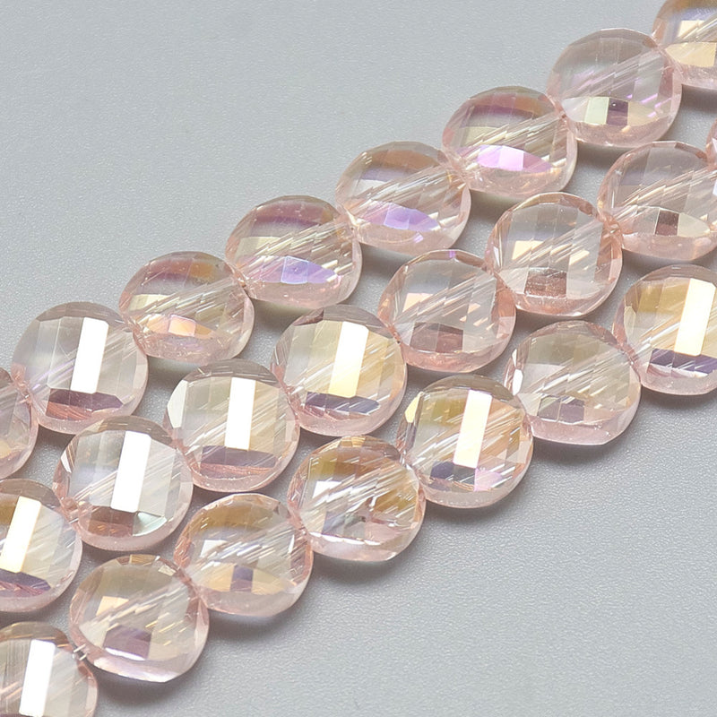 Glaspärla, platt, facetterad, rosa, 8x5 mm, 1 sträng (14276)