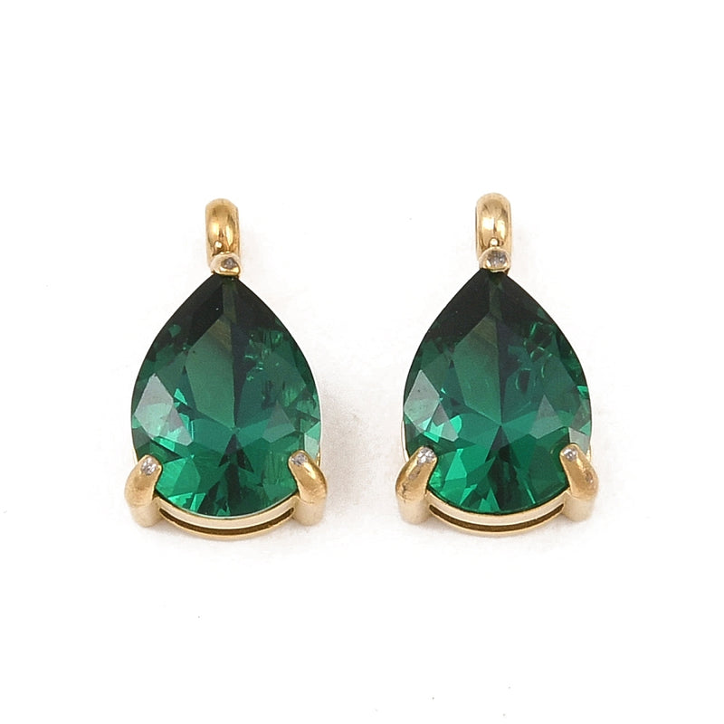 Droppe med Cubic Zirconia, Rostfritt stål, grön, guld, 11x6x4 mm, 1 st (14302)