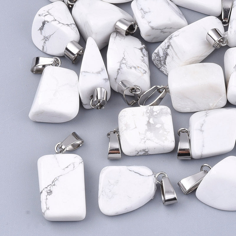 Naturlig Howlite hänge, nuggets, Rostfritt stål, 15x10x5 mm, 1 st (14351)