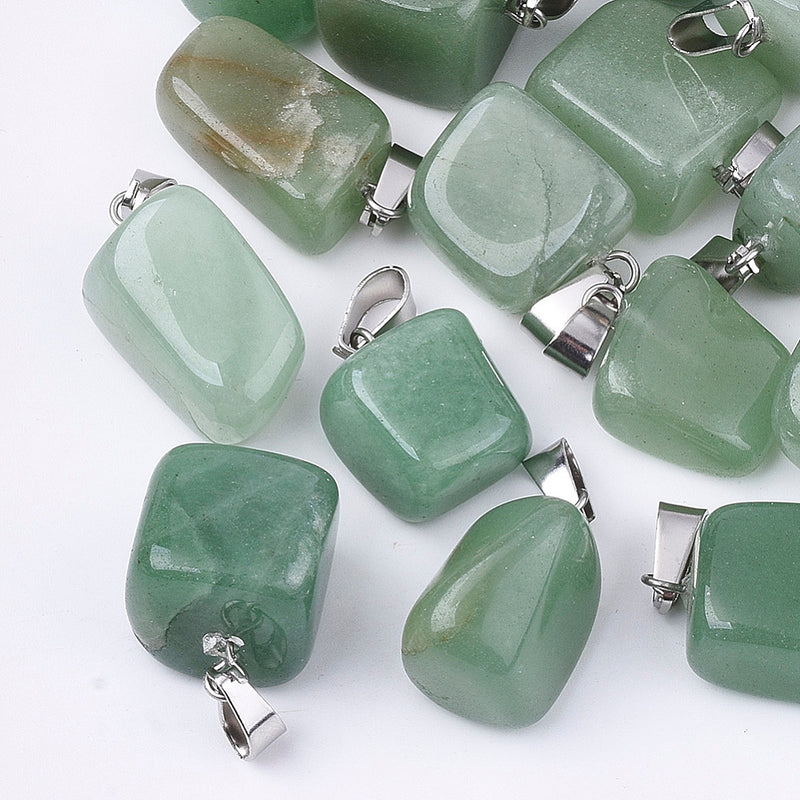 Naturligt Grön Aventurine hänge, nuggets, Rostfritt stål, 15x10x5 mm, 1 st (14356)