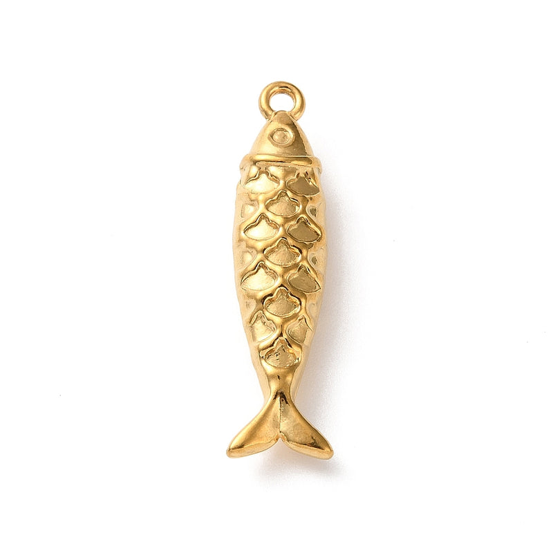 Fisk, hänge i rostfritt stål, 27x 7 mm, guld, 1 st (14476)