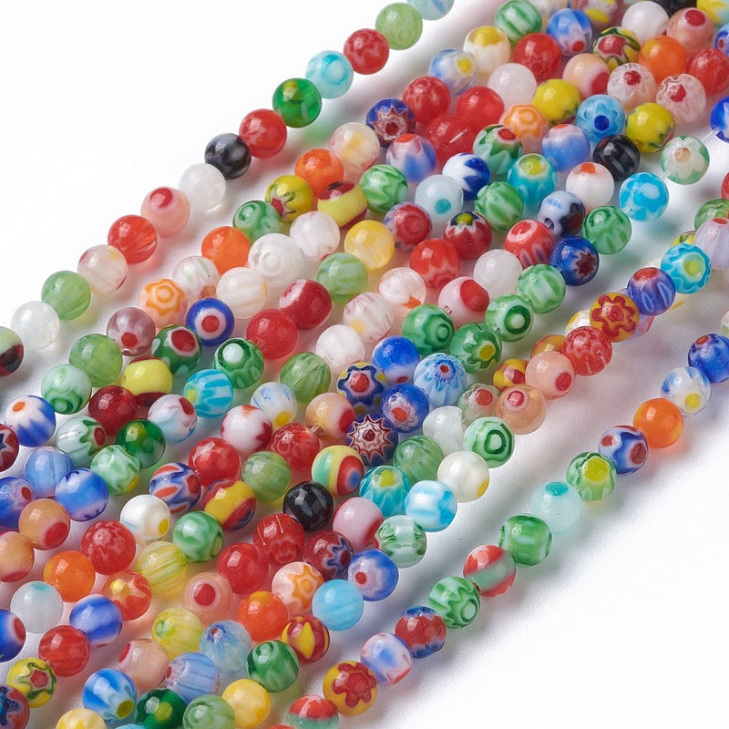 Millefiori, glas, 4 mm, 1 sträng (14486)