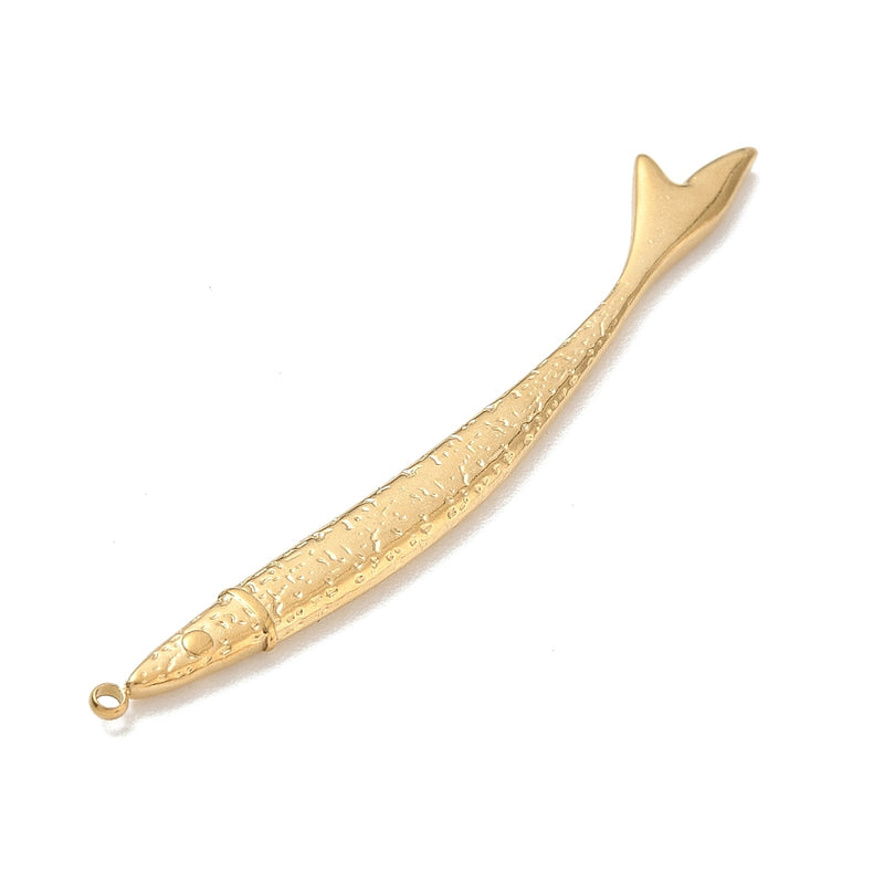Fisk, hänge i rostfritt stål, 67x8 mm, guld, 1 st (14491)