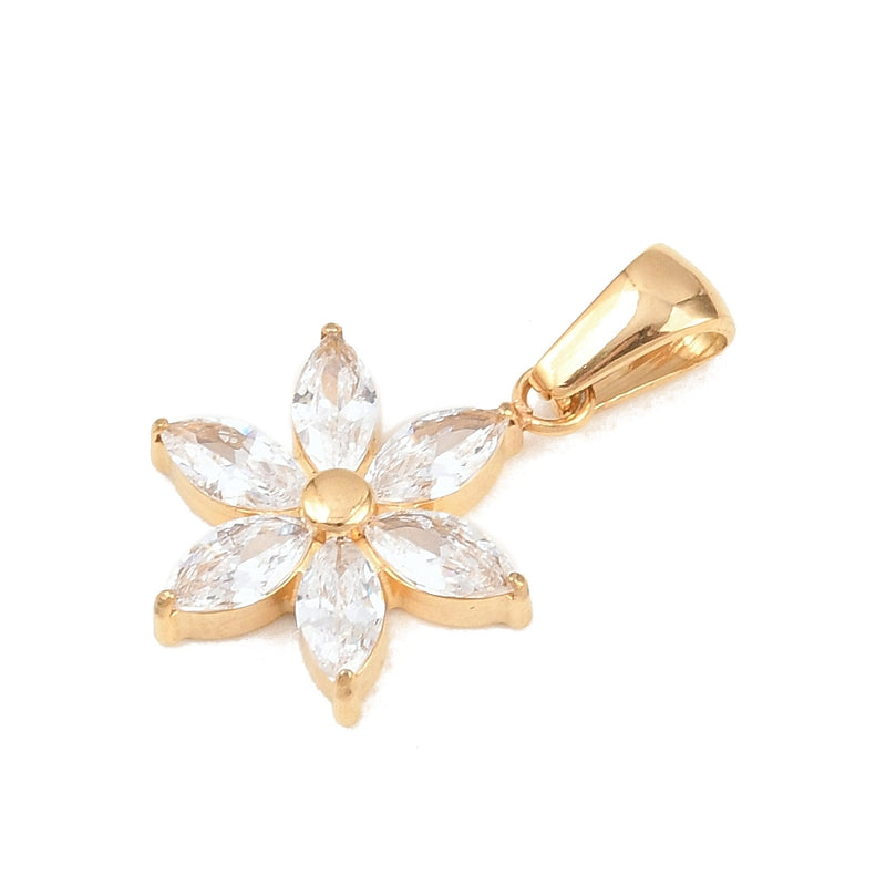 Blomma med Cubic Zirconia, kirurgiskt stål, 18 K guldpläterad, 18x13 mm, 1 st (14497)