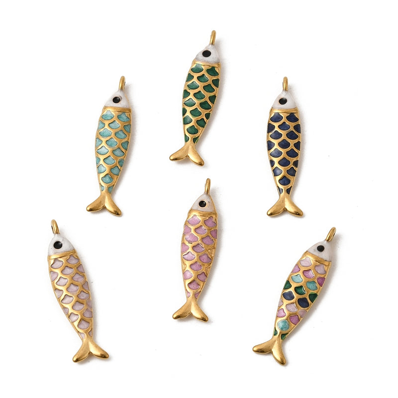 Fisk, hänge i rostfritt stål med emalj, 25x6 mm, guld, 1 st (14498)