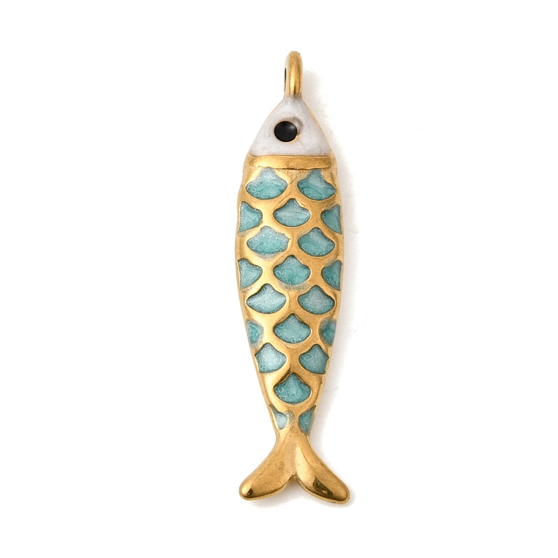 Fisk, hänge i rostfritt stål med emalj, 25x6 mm, guld, 1 st (14498)