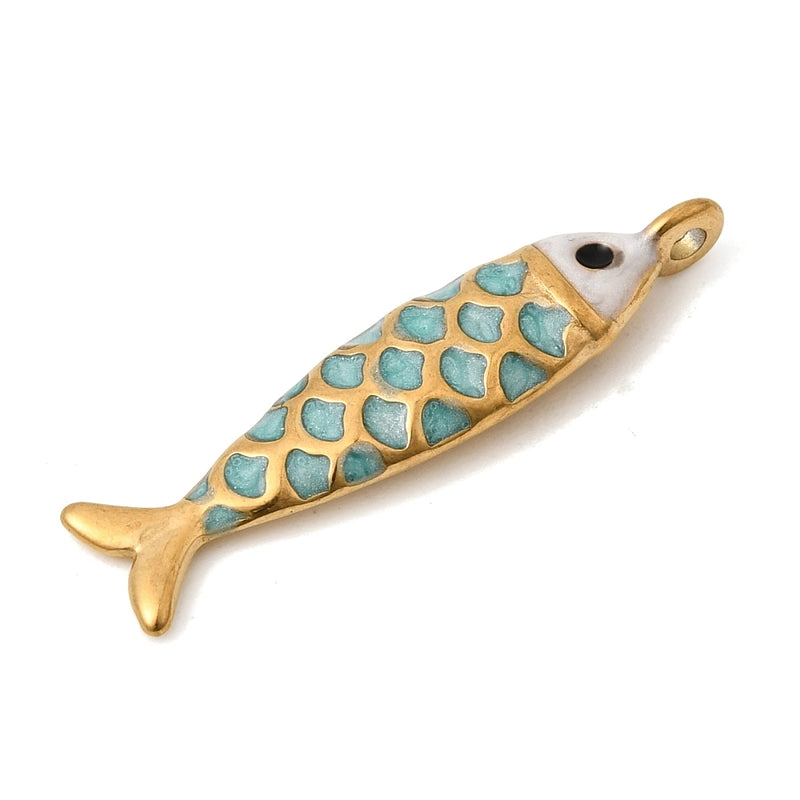 Fisk, hänge i rostfritt stål med emalj, 25x6 mm, guld, 1 st (14498)