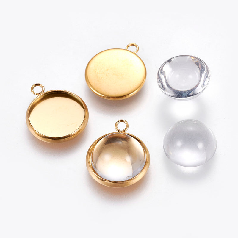 Hänge med glascabochon, Rostfritt stål, guld, 17x14x2 mm, 1 st, (13064)